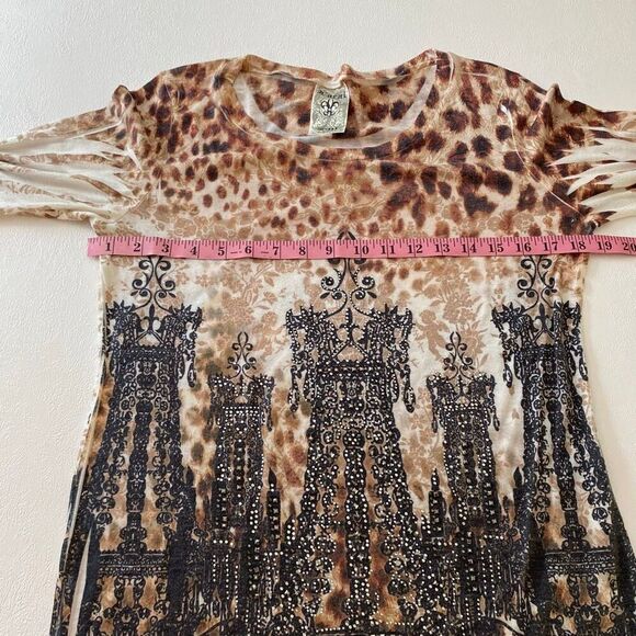 Vocal Chandelier Print Animal Leopard Long Sleeve Top Bling Rhinestone USA Women - Picture 7 of 8